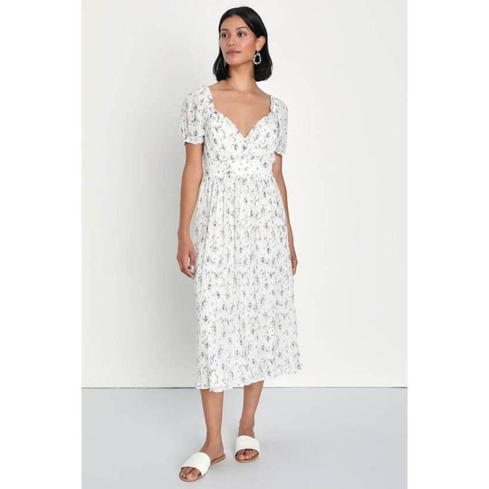 Lulus Romanticizing Life White Floral Print Puff Sleeve Midi Dress - Size XS